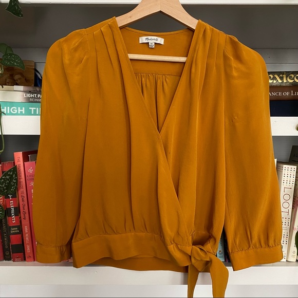 SOLD - Madewell Mustard Wrap Blouse 100% Silk - Picture 5 of 9